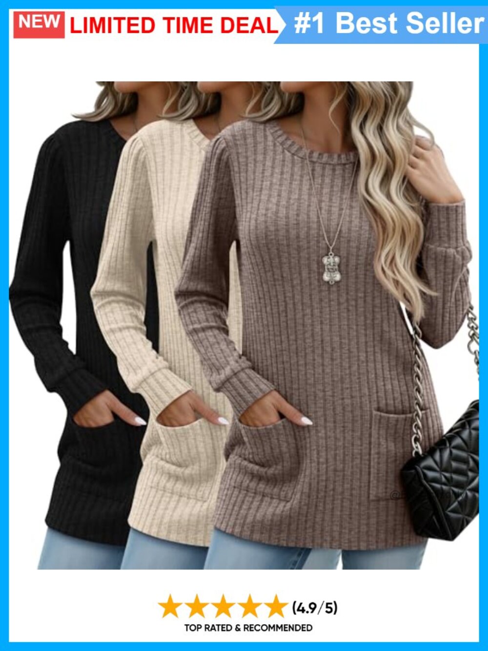 Women's 3 Pack Long Sleeve Ribbed Knit Tunics with Pockets